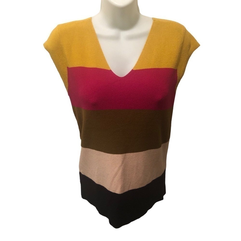 Loft Striped Short Cap Sleeve Sweater Vest Size M V~Neck Bold Colorful Soft Cozy